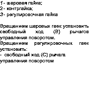 Text Box: 1	- шаровая гайка; 2	- контргайка; 3	- регулировочная гайка  Вращением шаровых гаек установить свободный ход (В) рычагов управления поворотом. Вращением регулировочных гаек установить: -	свободный ход (С) рычага управления поворотом  